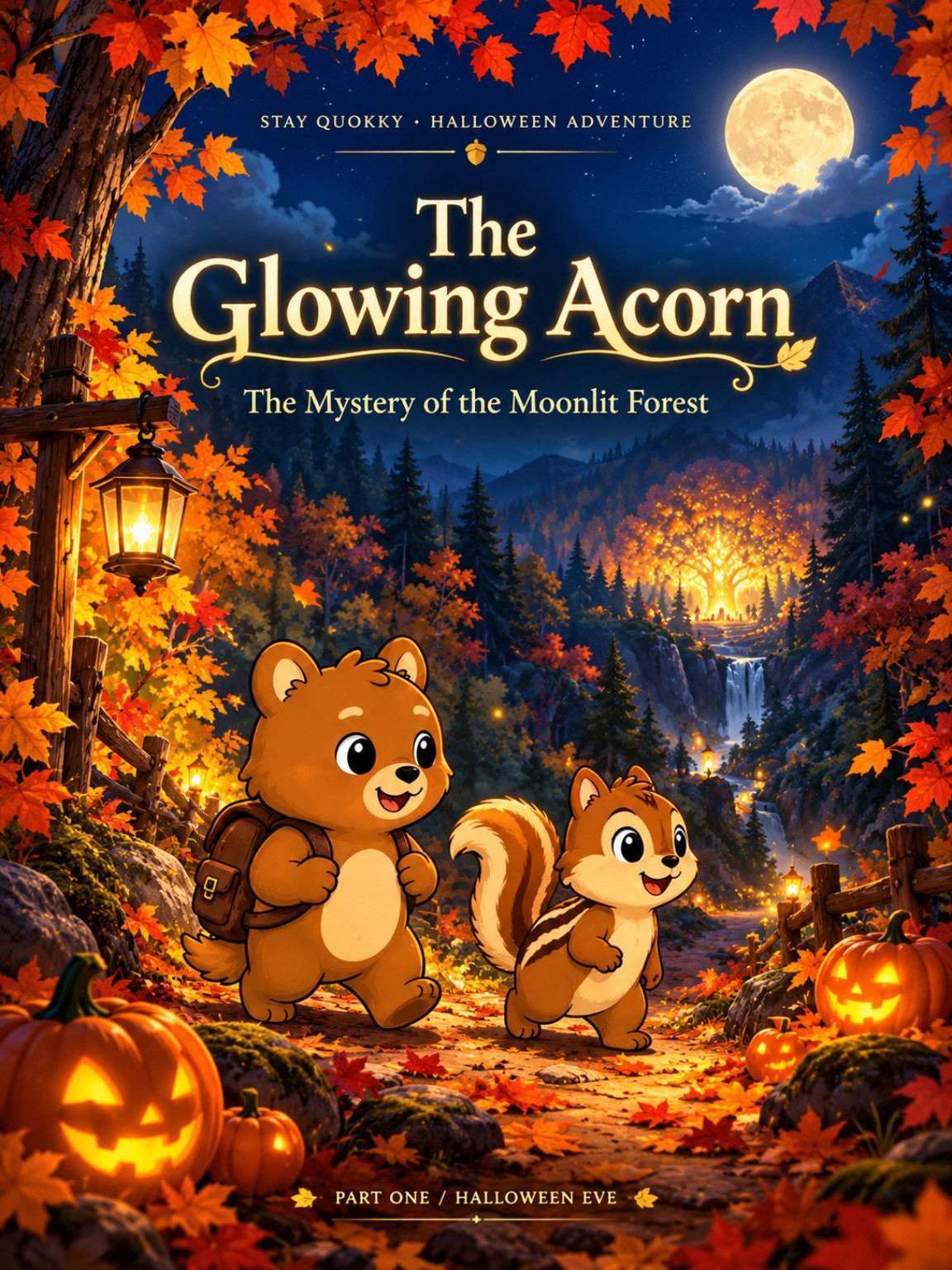 Approved cover for The Glowing Acorn: Quokky and Pip walking a lantern-lit autumn forest path under a full moon, with jack-o'-lanterns along the trail