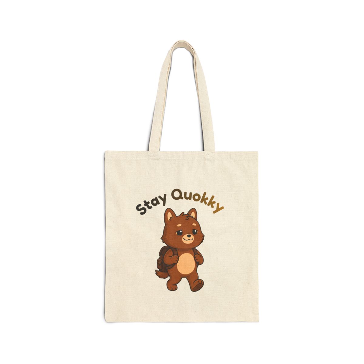 Natural canvas Stay Quokky tote bag printed with the cartoon quokka