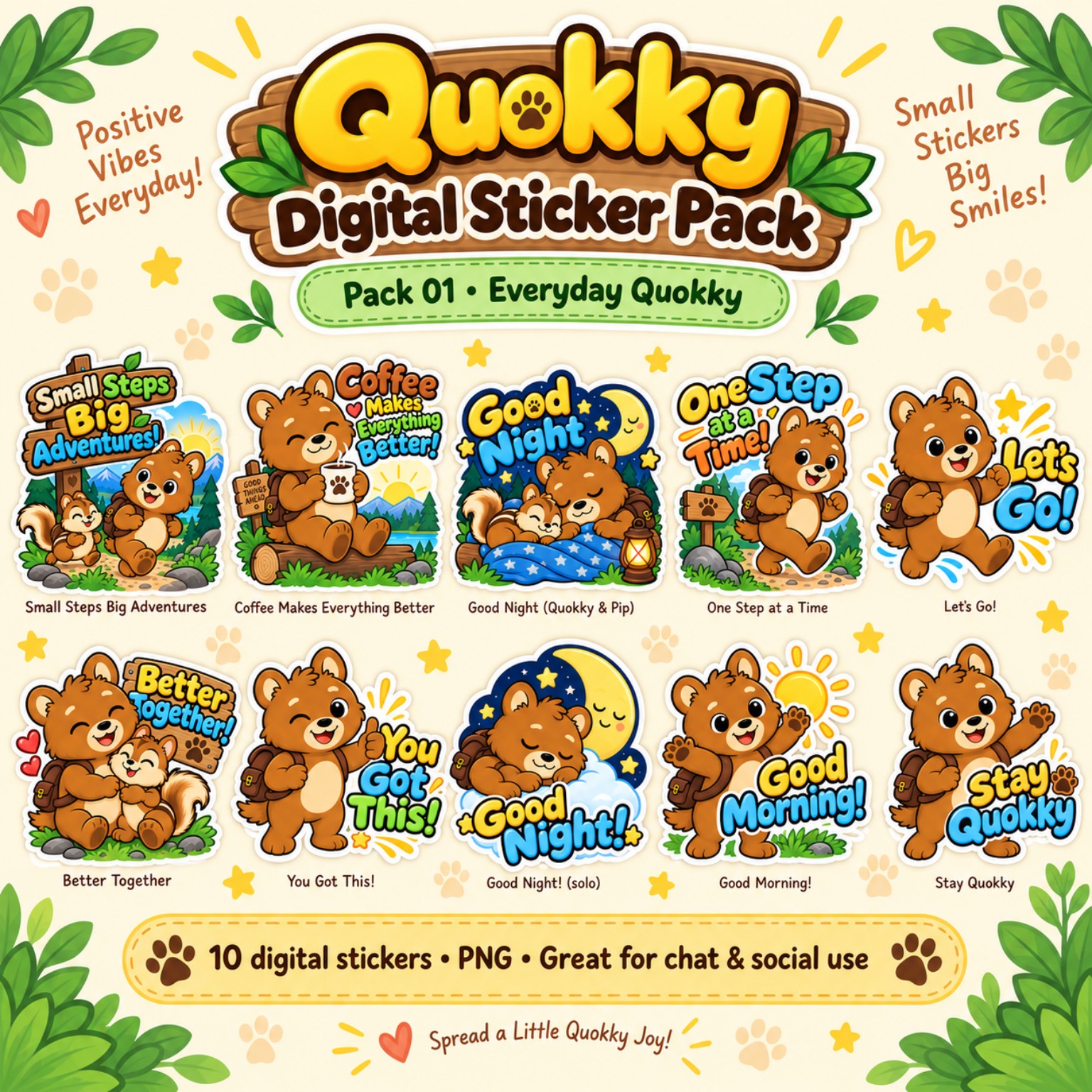Quokky Everyday Pack 01 preview — the 10 digital stickers included in the pack