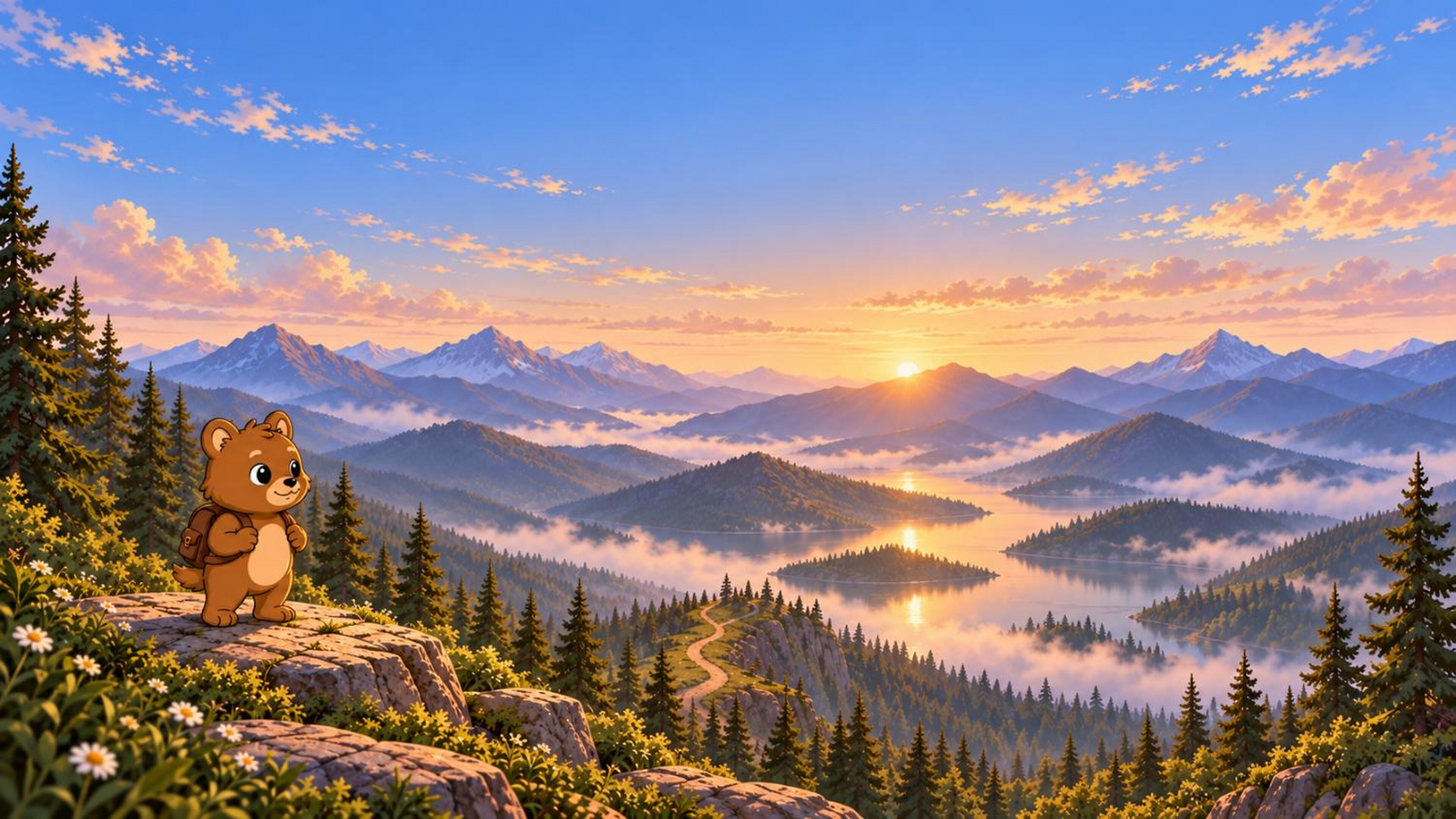 Stay Quokky HD Wallpapers Collection 01 preview — Quokky with his backpack on a cliff overlooking a sunrise over misty mountains and a lake